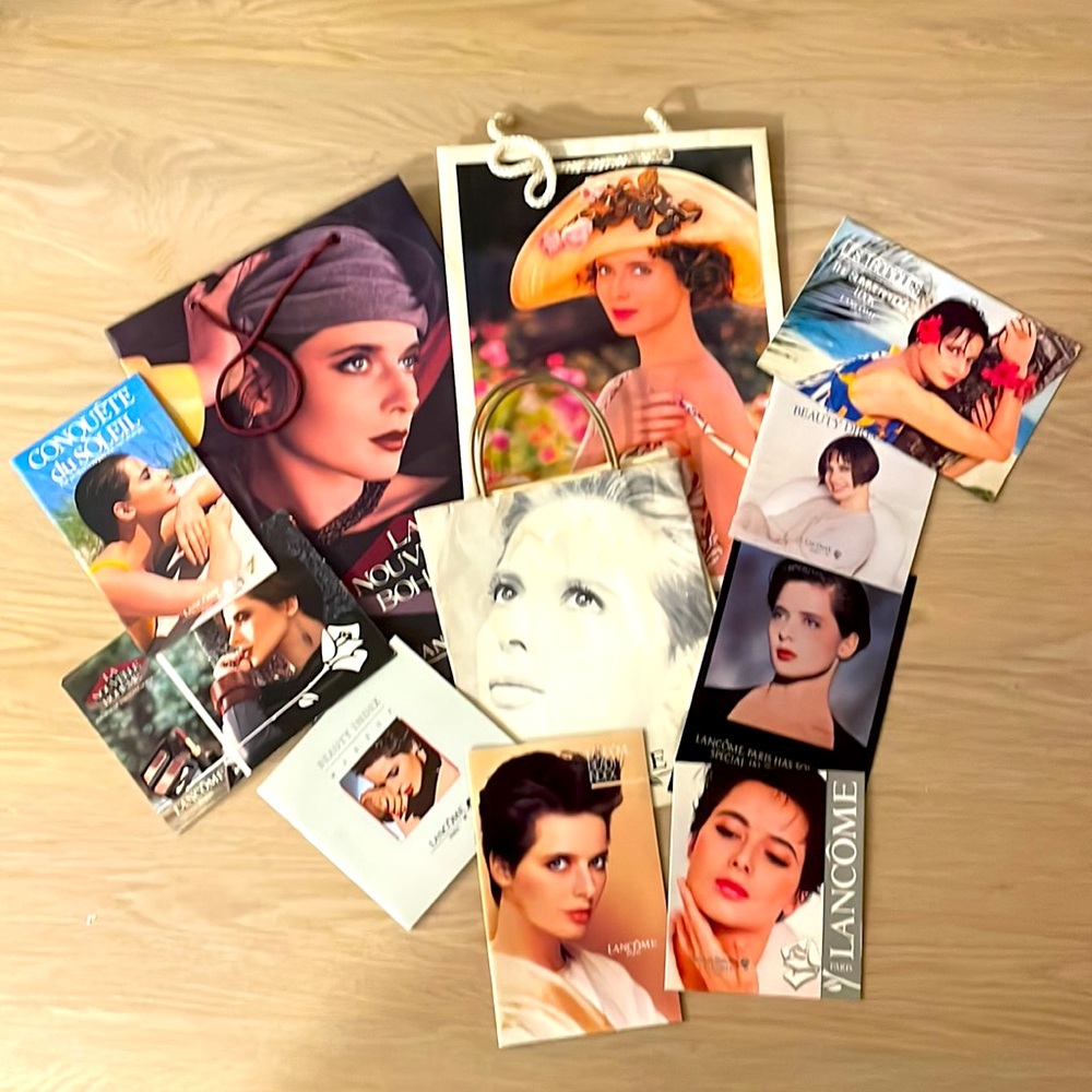 Vintage Lancôme Cosmetics Isabella Rossellini Print Ads and Gift Paper Bags